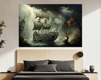 Impresión en lienzo de barco pirata, arte mural de barco pirata, póster de velero, pintura de barco fantasma, paisaje marino misterioso, regalo para fanáticos de los piratas.