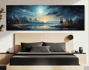 Night Sky Landscape Canvas Print – Starry Lake Wall Art – Serene Mountain Painting – Tranquil Night Poster – Dreamy Nature Home Decor
