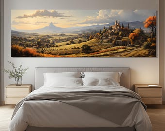 Canvasafdruk Toscaans dorp – Muurkunst Italiaans dorp – Italiaanse plattelandsposter – Landschapsschilderkunst zonsondergang – Decor Italiaanse natuur