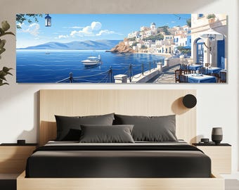 Greek Restaurant Canvas Print – Coastal Village Wall Art – Mediterranean Seaside Poster – Greek Island Painting – Mediterranean Wall Decor