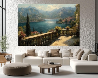 Lake Como Canvas Print – Romantic Italian Lakeside Wall Art – Como Terrace View Painting – Scenic European Poster – Lake Como Room Decor