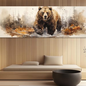 Impressão em tela de urso pardo em aquarela, arte de parede de urso pardo em aquarela, pintura de urso pardo, pôster de urso pardo, decoração de cabana de caçador