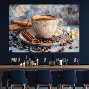 Arte de natureza morta com café – Xícara de café quente com canela e baunilha – Decoração de parede de café rústico – Pintura de xícara de café – Decoração de cafeteria