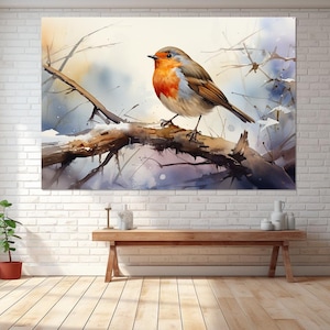 Stampa su tela raffigurante un pettirosso in acquerello, decorazione da parete su tela, pittura su tela, decorazione per la camera da letto, decorazione per il soggiorno, stampa su tela pronta da appendere.