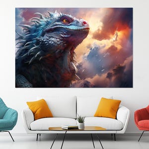 Impresión en lienzo de iguana mística – Arte mural de reptiles de fantasía – Pintura de lagarto feroz de la jungla – Decoración de criaturas vibrantes – Idea de regalo para amantes de los reptiles