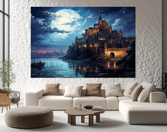 Mont-Saint-Michel Castle Painting – Enchanted Night Scene Poster – Moonlight Painting – Castle Canvas Print – Mont-Saint-Michel Castle Art