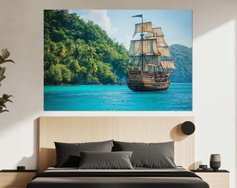 Impresión en lienzo de galeón, arte mural de velero, pintura de velero, póster de galeón español, imagen de velero antiguo, decoración caribeña