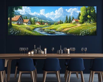 Alpine Village Canvas Print, Alpine Landscape Wall Art, Alpine Village Painting, Living Room Decor, Alpine Landscape Poster, Alps Picture
