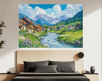 Alpine River Canvas Print, Switzerland Wall Art, Alpine Landscape Poster, Bedroom Decor, Alpine Mountain View, Mountain River Painting