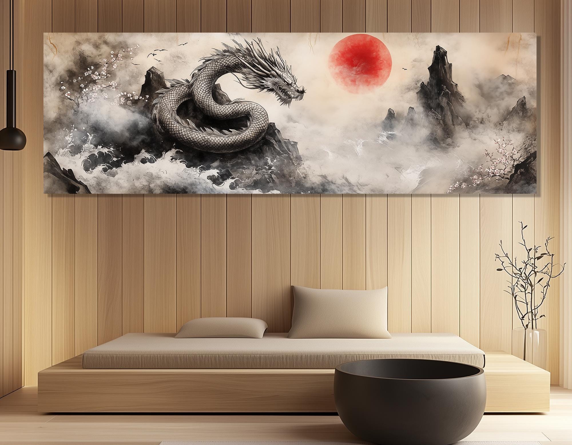 中国の龍と赤い太陽のキャンバスプリント - 東洋のインクの龍の絵画
