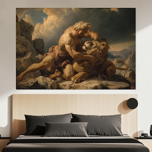Heracles and the Nemean Lion Canvas Print – Greek Mythology Wall Art – Hercules Painting – Legendary Hero Poster – Greek Mythology Fan Gift