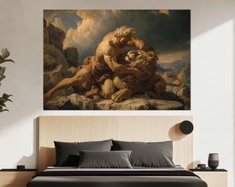 Heracles and the Nemean Lion Canvas Print – Greek Mythology Wall Art – Hercules Painting – Legendary Hero Poster – Greek Mythology Fan Gift