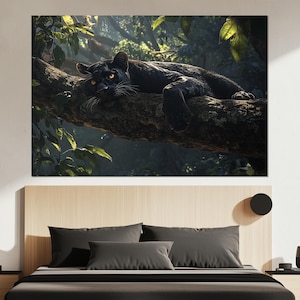 Black Panther Canvas Print – Jungle Panther Wall Art – Panther Resting Poster – Elegant Wildlife Wall Decor – Mysterious Jungle Painting