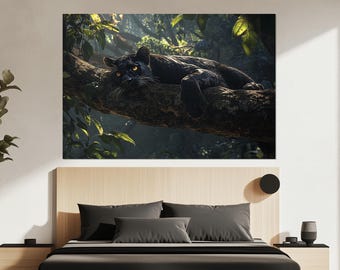 Black Panther Canvas Print – Jungle Panther Wall Art – Panther Resting Poster – Elegant Wildlife Wall Decor – Mysterious Jungle Painting