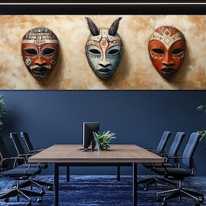 Tribal Mask Trio Canvas Print – African Heritage Wall Art – Cultural Mask Painting – Ethnic Decor Poster – Indigenous African Spirit Artwork