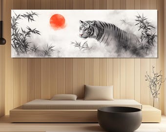 Canvasafdruk witte tijger en rode zon – oosterse tijger schilderij – bamboebos muurkunst – Japanse zenposter – illustratie mystieke tijger