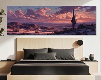 Desert Sunset Canvas Print – Southwest Cactus Wall Art – Pink Sky Poster – Desert Landscape Painting – Western Nature Wall Decor