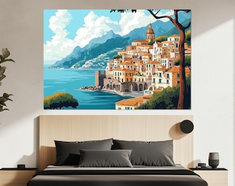 Italienische Mittelmeerküste Kunstdruck auf Leinwand – Amalfiküste Wandbild – Italienische Küstenlandschaft