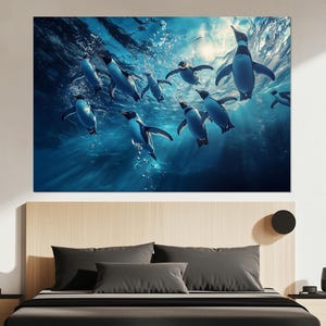 Swimming Penguins Canvas Print – Underwater Penguins Wall Art – Ocean Penguins Wall Decor – Penguins Poster – Antarctic Wildlife Painting