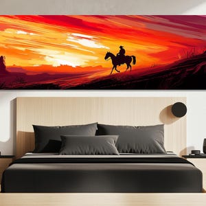 Cowboy Sunset Ride Canvas Print – Western Wall Art – Cowboy Oil Painting – Horseback Rider Poster – Wild West Home Decor – Western Landscape