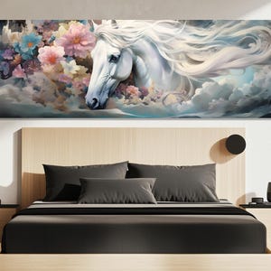 White Horse in Dreamy Garden Canvas Print – Floral Horse Wall Art – Fantasy Horse Painting – Cloudy Sky Horse Decor – Gift for Horse Lovers