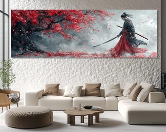 Samurai Wall Art – Cherry Blossom Samurai Poster – Japanese Warrior Canvas Print – Katana Art Print – Red Sakura Painting – Bushido Decor