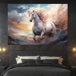 Majestic White Horse Canvas Print – Ethereal Equine Wall Art – Dreamy Horse Painting – Spirit Animal Decor – Gift for Horse Lovers