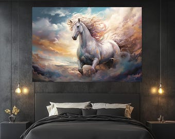 Majestic White Horse Canvas Print – Ethereal Equine Wall Art – Dreamy Horse Painting – Spirit Animal Decor – Gift for Horse Lovers