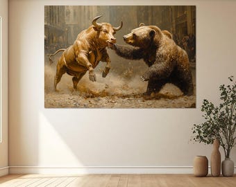 Bull vs Bear on Wall Street Canvas Print, Canvas Wall Art, Bull and Bear Paint Art, Modern Room Decor, Trader Gift, Bull and Bear Picture.