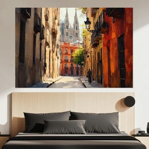 Barcelona Street Canvas Print – Spanish Architecture Wall Art – Gothic Quarter Poster – Historic Cityscape Painting – Barcelona Wall Decor