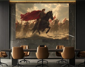 Alexander the Great on Horseback Canvas Print – Ancient Warrior Wall Art – Epic Battlefield Poster – Heroic Leader Painting
