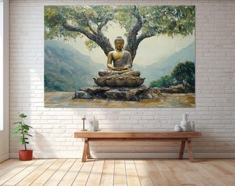 Buddha under Tree Canvas Print, Living Room Decor, Buddha Wall Art, Canvas Print Ready to Hang, Asian Style Wall Art, Buddha Picture.