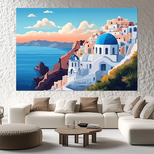 Santorini Canvas Print – Greek Island Wall Art – Mediterranean Sunset Painting – Coastal Travel Poster – Santorini Landscape Picture