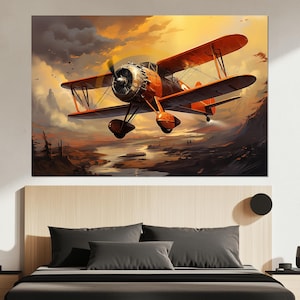 Flying Biplane Canvas Print - Vintage Aircraft Poster - Adventure Flight Wall Art - Retro Pilot Painting - Gift for Aviation Enthusiast