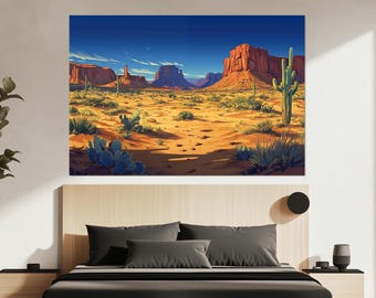 Arizona Desert Canvas Print – Monument Valley Sunset Wall Art – Cactus Landscape Poster – Southwest Wall Decor – Red Rock Painting
