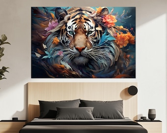 Stampa su tela con tigre floreale – Arte murale con animali vivaci – Dipinto con spirito della giungla – Decorazione botanica con tigre – Regalo unico per gli amanti della fauna selvatica