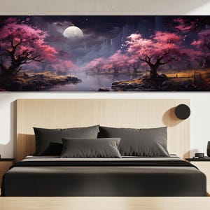 Moonlit Sakura Canvas Print – Enchanted Cherry Blossom Wall Art – Mystical Night River Poster – Sakura Painting – Dreamy Nature Room Decor
