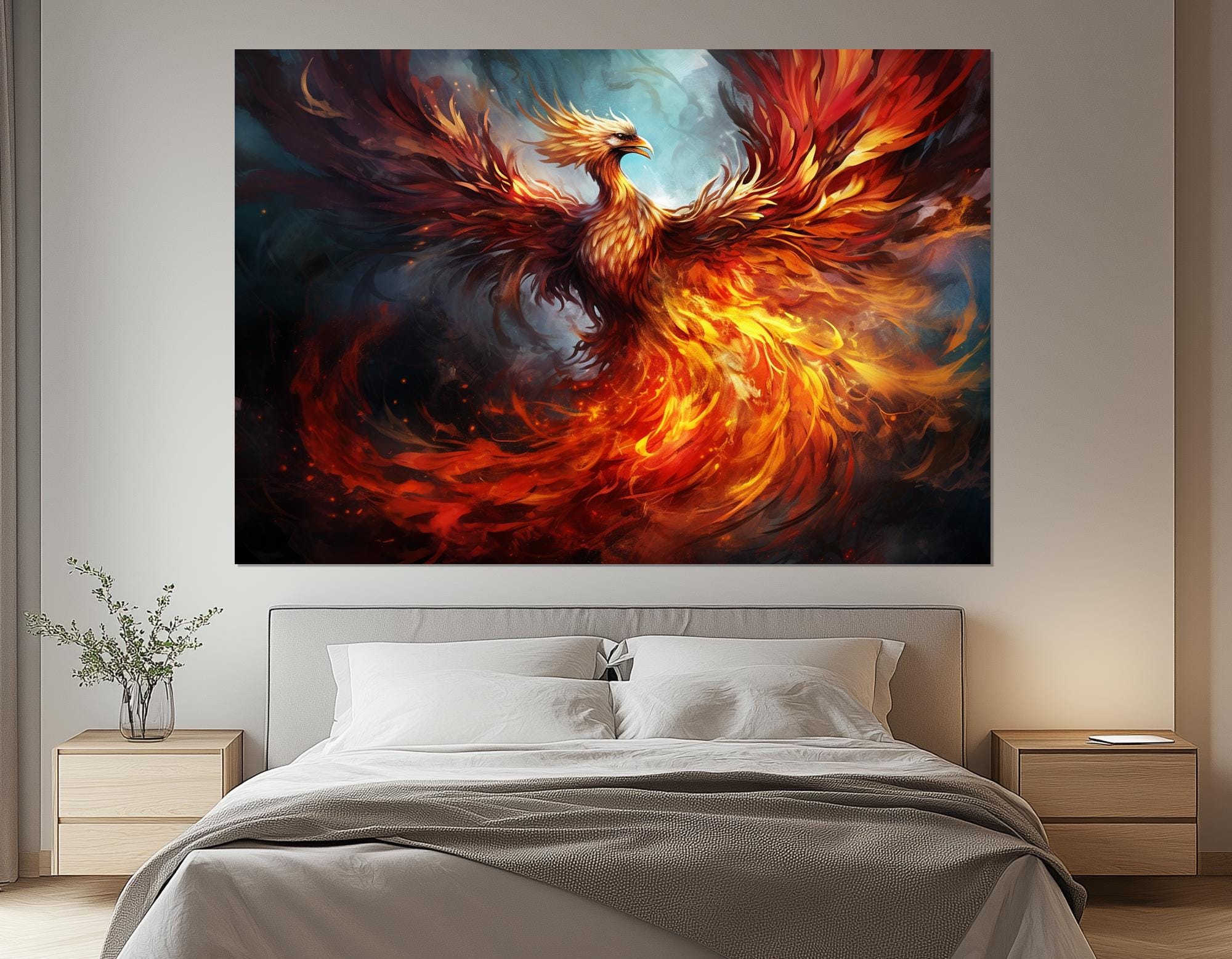 Fiery Phoenix Rising Canvas Print - Mythical Bird Wall Art - Fiery ...