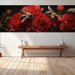 Honey Bees on Flowers Canvas Print, Canvas Wall Art, Canvas Paint Art, Modern Art, Digital Art, Bedroom Decor, Canvas Print Ready to Hang.