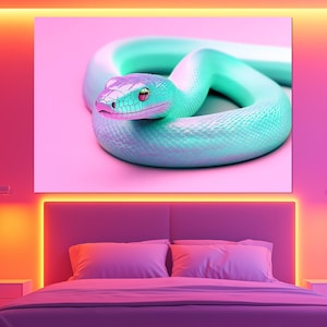 Colorful Snake Wall Art – Neon Gradient Reptile Canvas Print – Modern Animal Poster – Gift for Snake Fans – Pop Art Style Painting