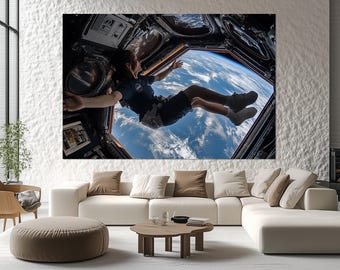 Floating Astronaut Canvas Print – Space Station Wall Art – Woman in Space Poster – Zero Gravity Painting – Cosmic Wall Decor
