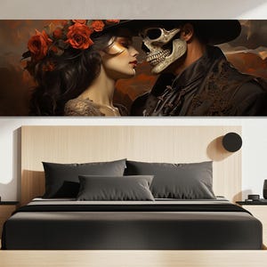 Dance of Death and Roses Canvas Print – Day of the Dead Wall Art – Romantic Skull Painting – Gothic Love Wall Decor – Dia de los Muertos Art