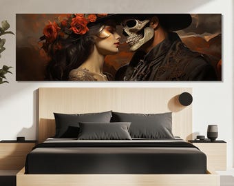 Dance of Death and Roses Canvas Print – Day of the Dead Wall Art – Romantic Skull Painting – Gothic Love Wall Decor – Dia de los Muertos Art