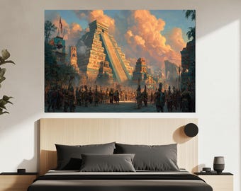 Impresión en lienzo de la Ciudad Pirámide Azteca – Arte mural de la antigua Mesoamérica – Escena de ceremonia en el templo – Pintura de paisaje histórico
