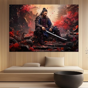 Samurai with Katana Canvas Print – Japanese Warrior Wall Art – Samurai Warrior Poster – Bushido Painting – Japanese Style Room Decor