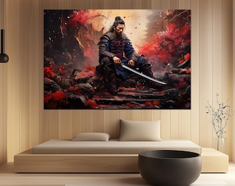 Samurai with Katana Canvas Print – Japanese Warrior Wall Art – Samurai Warrior Poster – Bushido Painting – Japanese Style Room Decor