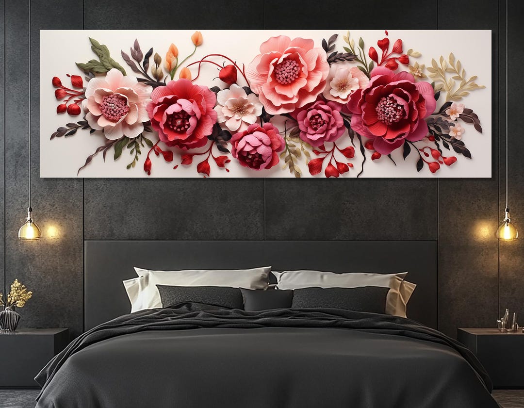 Pink and Red Floral Embroidery Style Wall Art – Romantic Bloom Canvas ...