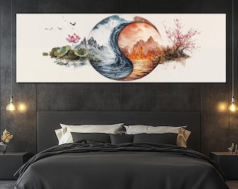 Yin Yang Nature Canvas Print – Elements of Fire, Water, and Cherry Blossoms – Yin Yang Symbol Poster – Asian Wall Art – Spiritual Painting