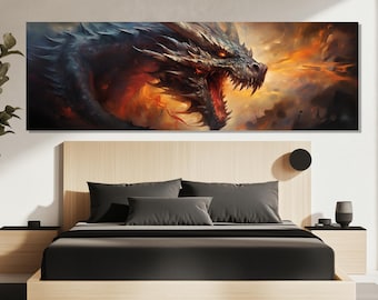 Fire Breathing Dragon Canvas Print – Fantasy Dragon Wall Art – Epic Dragon Painting – Mythical Creature Poster – Gamer Room Wall Decor