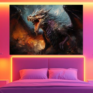 Fire Dragon Canvas Print – Fantasy Monster Wall Art – Mythical Creature Painting – Epic Dragon Poster – Dark Fantasy Room Decor